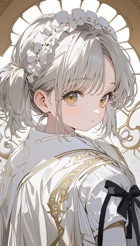 
 best quality,  Details, 1girl(cute,little , skin is pure white), short pigtails, Victorian-era themed, straight hair, yellow swirl eyes, Doll Joints, short sleeve, Maid, bonnet, straight hair, round eyebrows, silver hair,  slim, ((tiny)), baby face,  bla...