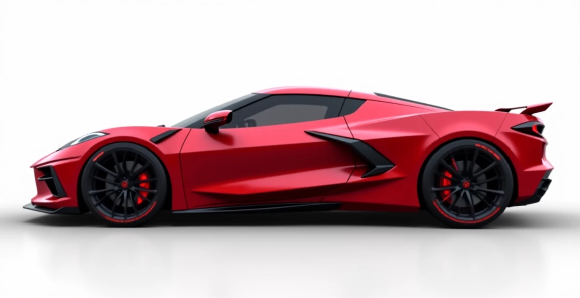 A stunning sides view of the futuristic 2025 chevrolet corvette C9 in pristine red, showcasing its sleek and modern design. The athletic and luxurious appearance is accentuated by sharp lines and curves, creating a sense of elegance and speed. The (Corvett...