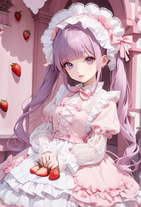 A beautiful girl with long purple hair, twin tails and a ribbon on her head. She is wearing a pink　and　white gothic lolita outfit with lots of lace . Cute and beautiful.have Strawberry