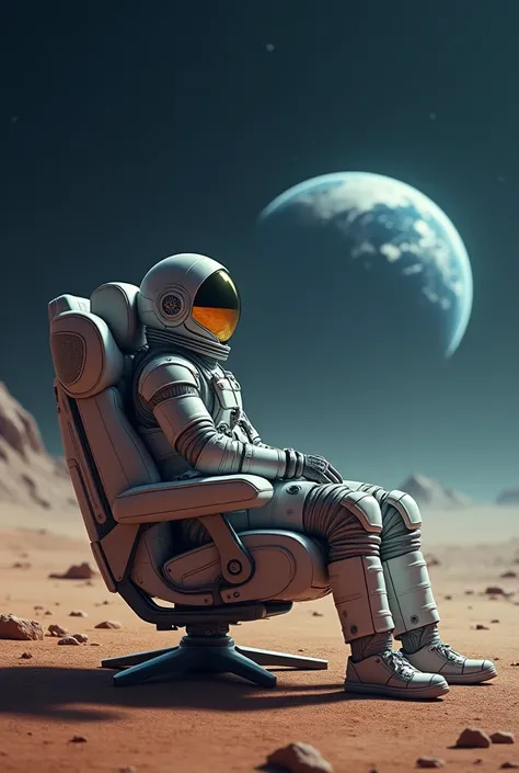 I want to create a astronaut sit on chair and put hand behind head and watch to Earth from another planet
