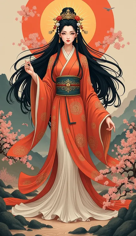 Amaterasu、Beautiful ancient Japanese sun goddess。 black hair。 full body photo。