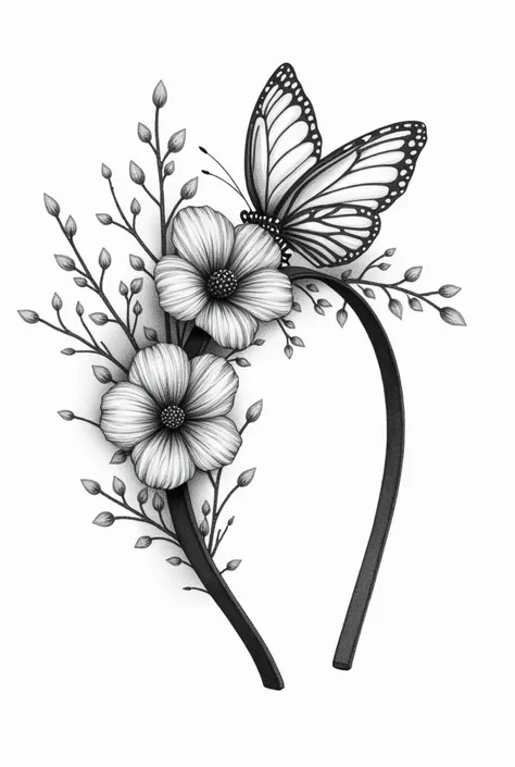 Create a technical drawing turned to the right in perspective of a black and white headband with 2 trinitarian flowers in the center and above them a medium butterfly and branches with small pebbles all over the headband
