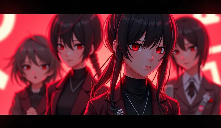 The image features a banner of YouTube channel with anime-style characters with highly detailed blury , photorealistic, cyberpunk,  predominantly in black and red colors, with the word "HORNEX" prominently displayed. The background includes abstract shapes...