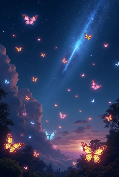  there are many beautiful butterflies shining in seven colors in the sky、 Amazing Scenery, Along with beautiful stars and big comets at night 