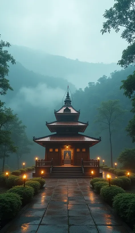 "Realistic and detailed image of the Sabarimala Temple, set against a backdrop of lush green hills and a misty atmosphere. The temple has a traditional architectural style with a copper-covered roof, a simple yet sacred design, and a central shrine. The su...