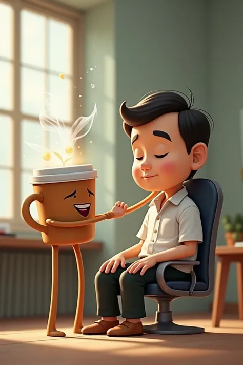  A cup of hot coffee with the appearance of eyebrows , with eyes, with nose , With the mouth , with arms and legs,  Standing massaging the shoulders of a seated Thai man who works with lethargy ,