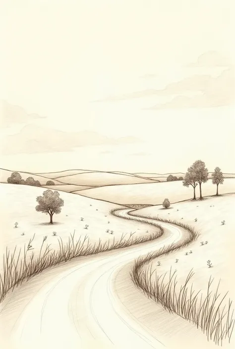  A sketch-style landscape that shows a dirt road seen from the side of a. the road,  with irregular edges ,  meanders gently through an open field with grass and small flowers . Along one side of the road ,  there are trees sketched with simple lines ,  an...