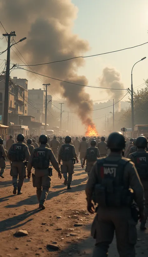 An AI generated Map of Pakistan, depicts the scene of Clashes between protesters and Police officials, background should be War like 