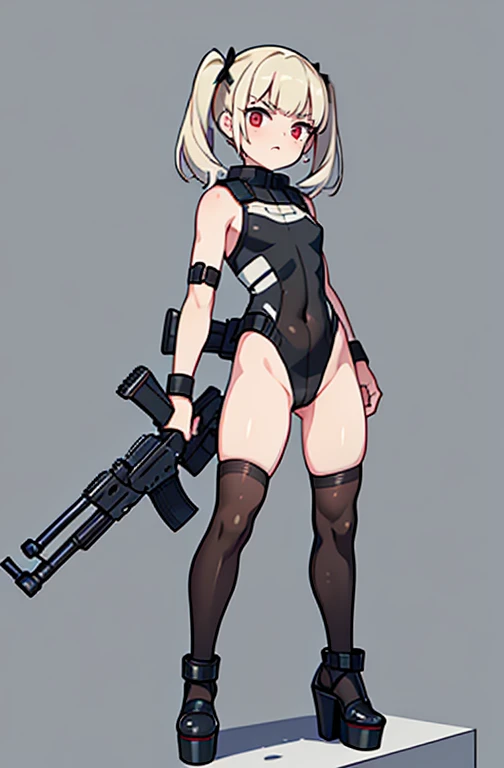 Ten_years_old girl, freckled skin, body freckles, fighting, angry scream, holding gun, ((tactic high cut leotard)), stockings, ((pale skin)) pigtails hair, team, soldier girl, ((standing)) front pose, ((fullbody)) sleveless, shoulderless, ((bulletproof leo...