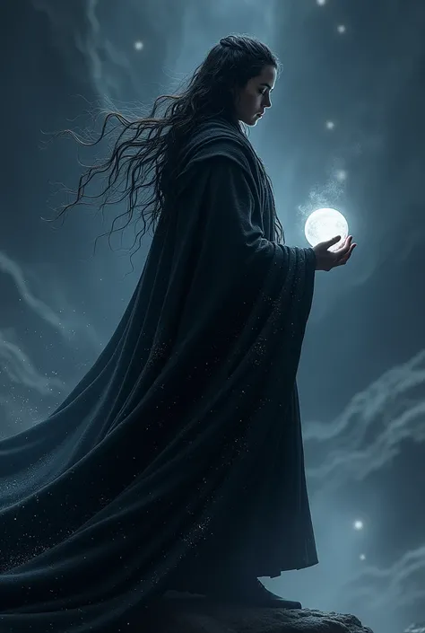 A photorealistic image of Myrkan standing on the edge of an endless cosmic abyss, his silhouette illuminated by faint, shifting starlight. He wears a flowing cloak of deep black, adorned with subtle patterns resembling galaxies and constellations. His hair...