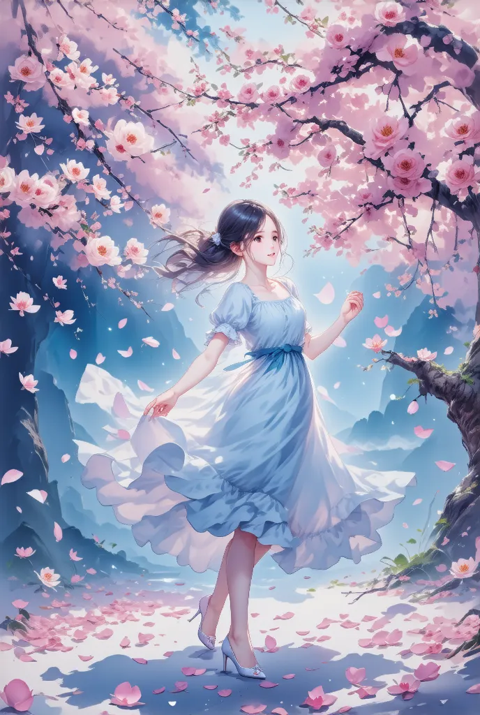 masterpiece，，1 girl，normal fingers， wearing a white dress ，dance，whole body， under the cherry trees， the ground is covered with ...