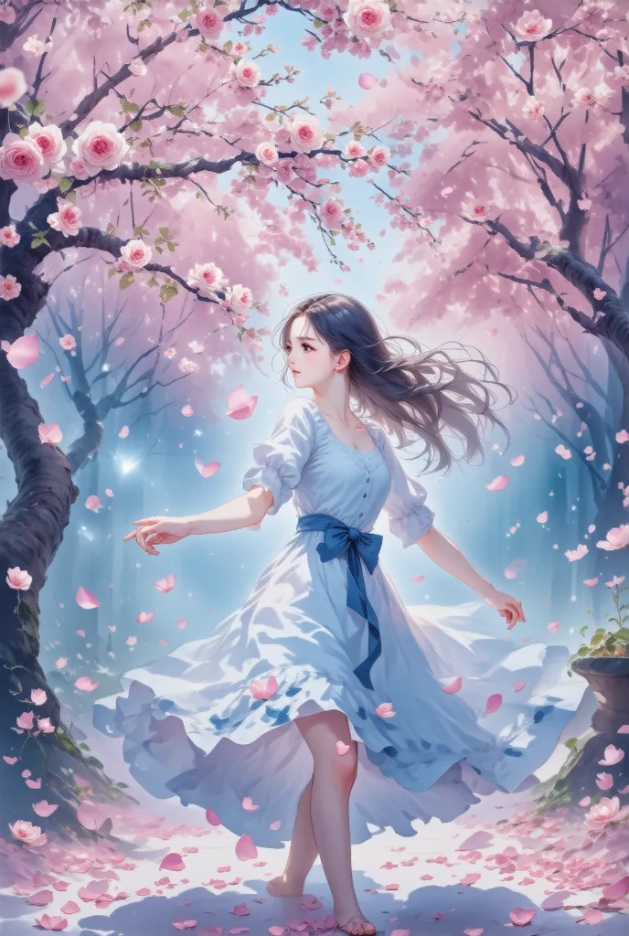 masterpiece，，1 girl，normal fingers， wearing a white dress ，dance，whole body， under the cherry trees， the ground is covered with ...