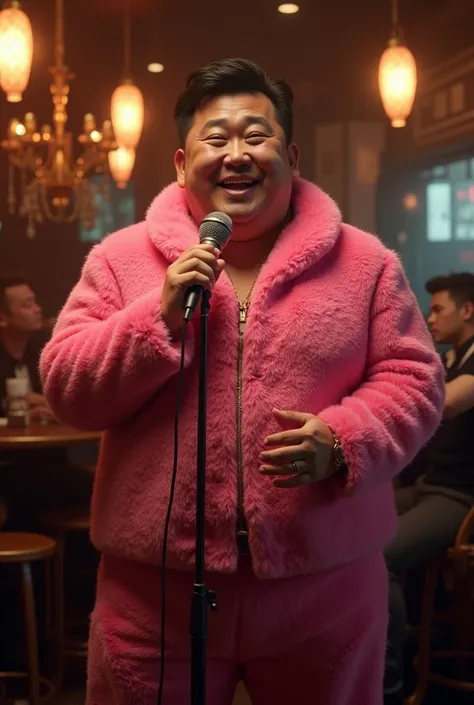 Handsome cute shubby asian Guy Jazz wearing pink furry clothe, old fashion microphone context in the jazz bar