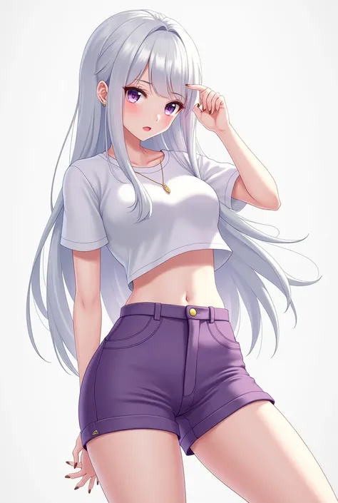 sexy anime girl, white hair and wearing a white short shirt, wearing purple shorts 