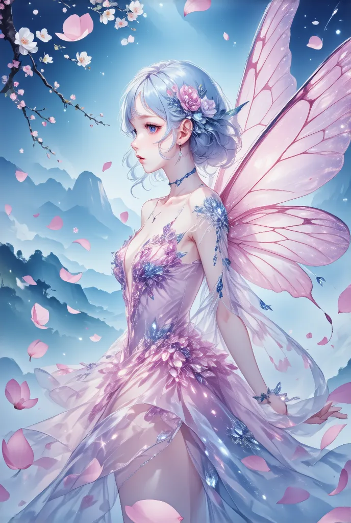 white haired fairy wears a pink transparent sparkling diamond dress、in the sky，livestock，long legs，symetrical wings, magic ，cher...