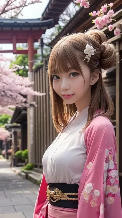 (Beautiful pattern and gorgeous embroidery:1.2、Long-sleeved kimono、 kimono、kimono、Japanese Clothing、can、Japanese hairstyle)、( 1 22-year-old girl 、double bun 、 thin body、Big Breasts)、(Narrow street in the shrine grounds where cherry blossoms are in full blo...