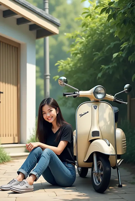 A young thai,woman with long dark hair is seated beside a light gray Vespa scooter. She is smiling and looking at the viewer.  She is positioned in the middle-ground slightly to the left of center, with the scooter angled to her right side.  Her pose is re...