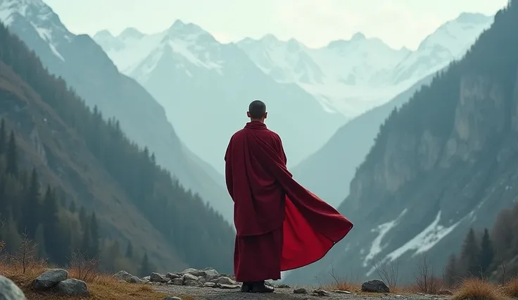 " monk wearing Rasa  (Kashaya )  red scrambler (calm in the mountains)  Filmed with Canon EOS R5 , LENS 50MM, /1.8, --with 16:9 -- at 5