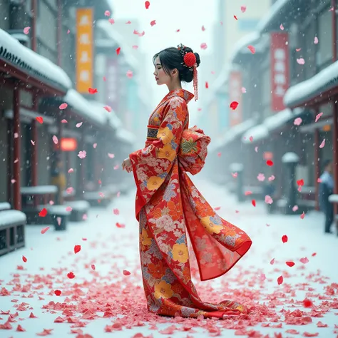 Contemporary art, artwork, theme is "rain of petals", petals of various colors fall like rain, city covered in pure white snow, Japanese woman wearing kimono, petals fall on the woman, beautiful composition, fantasy, the colors of the kimono and petals sta...