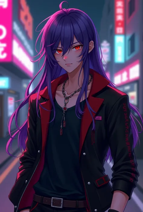 anime, man at night .
 Long purple hair . Ojos rojos. with necklace. Modern clothing and accessories in black, red and purple .