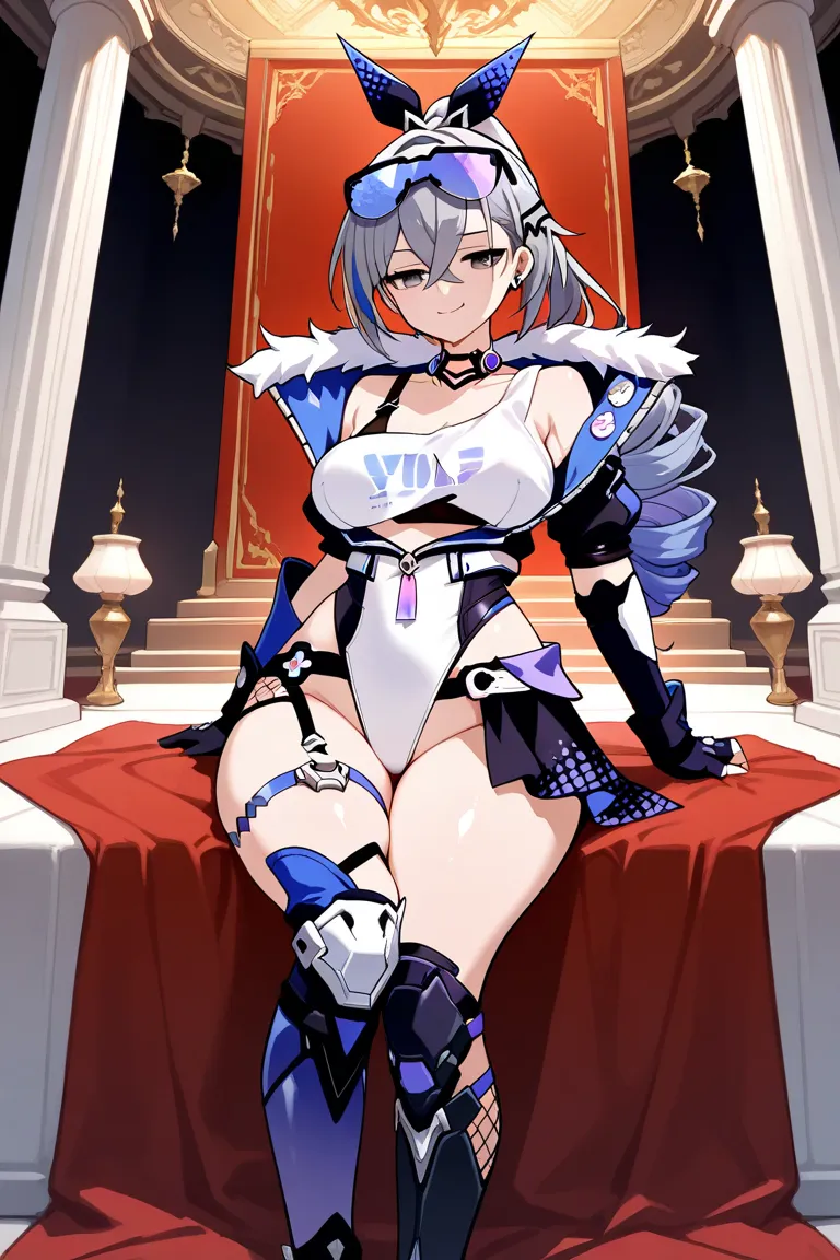 space fantasy, futuristic, arrangement costume, costumes designed to show off, evil empress, evil fallen costume,(leg armor),arm armor, silver wolf (honkai: star rail),  highleg  costume, (high legs with sharp angles),open-chested costume,1girl, alone, ada...