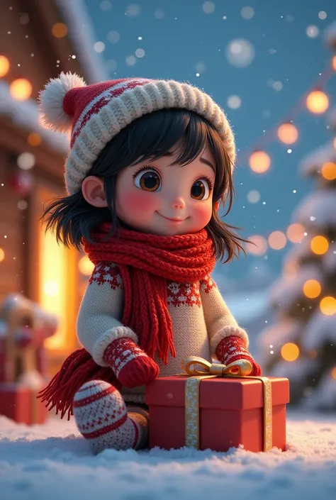 A cute girl from a 3D Pixar style deformed character anime is wearing a knitted sweater scarf and waiting with presents against a snowy Christmas night illuminations in the background