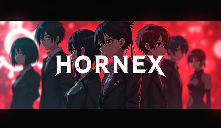 The image features a banner of YouTube channel with anime-style characters with highly detailed blury , photorealistic, cyberpunk,  predominantly in black and red colors, with the word "HORNEX" prominently displayed. The background includes abstract shapes...