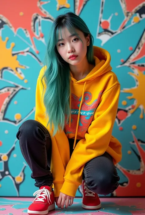 Photo teal cewe korea cantik usia 25 tahun gaya rambut panjang lurus serta pakai hoodie warna kuning merah corak biru ada logo kata"EPY-GAYA-GUE"dan pakai celana jeans hitam serta sepatu cat merah sedang berjongkok dengan latar belakang cipratan pecahan ka...