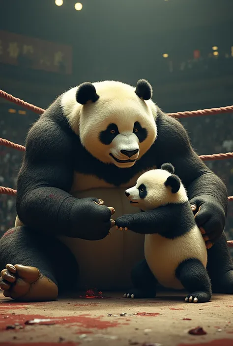 The muscular panda lies defeated in the ring, injured and motionless. His son rushes to him, visibly heartbroken and wiping away tears.

Action: The son looks at his father with determination and clenches his small fists.