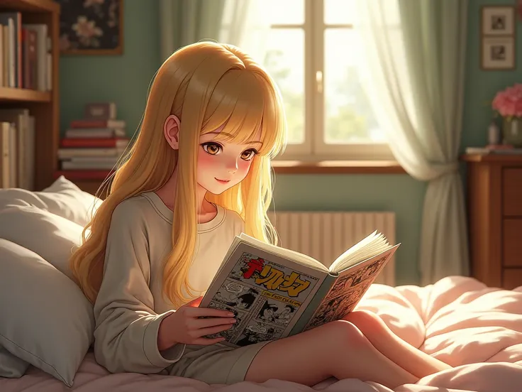 corona, French blond girl is reading Japanese comics, 13 -age girl, bedroom, in home, noon, in Paris,( detailed skin, (a bit, Canon, 8k, anatomically accurate, super detailed, Attention to detail , Your Highness)