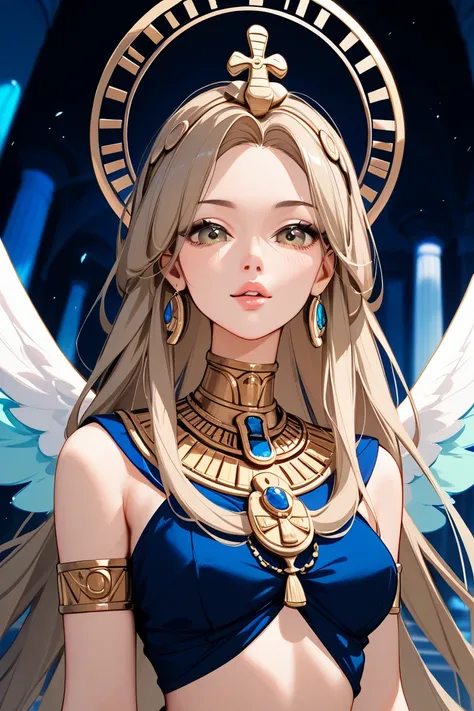 ( best quality ,4K,8k, highres icon, Masterpiece :1.2),Very fine , Very beautiful girl,Cute girl,( ,Very detailed:1.1)   Light Brown Eyes ,( ,Very detailed:1.1) Lips, เกราะเครื่องแต่งกาย Ancient Egypt ,  Angel Turquoise Wings , White Shining Halo ,Bright c...