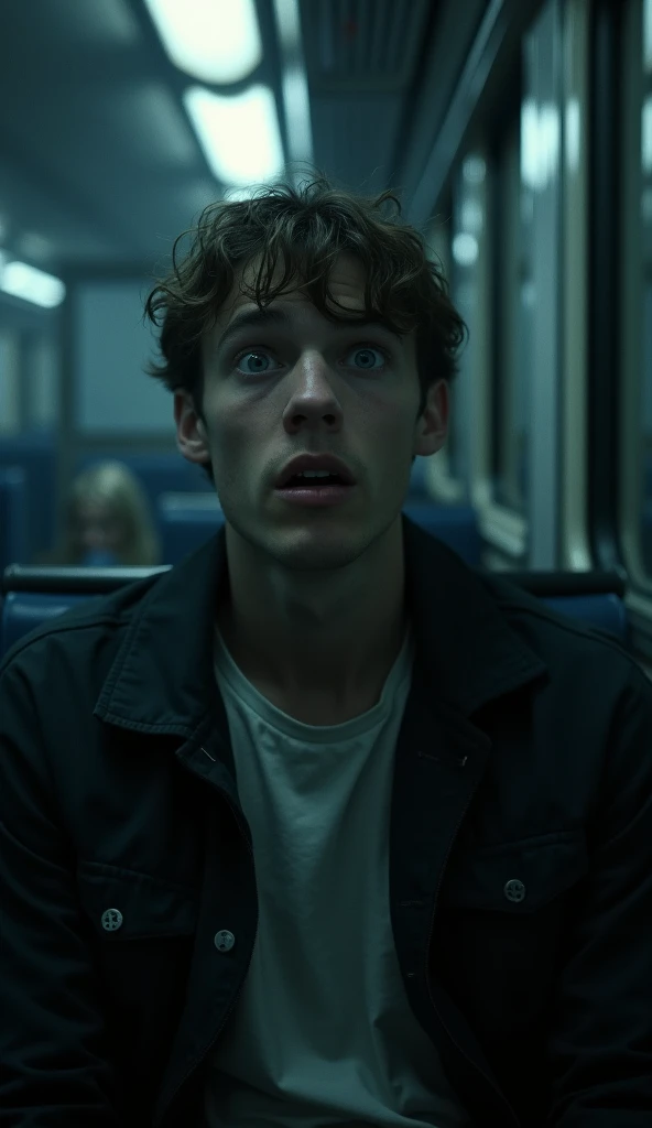 The young man looking startled, his eyes wide with disbelief. The seat across from him is now empty, the woman seemingly vanished. The dimly lit train compartment seems to grow colder and emptier.