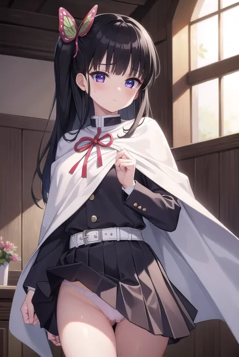 kanaotsuyuri, kanao tsuyuri, black hair, buSFWtterfly, butterfly hair ornament, (purple eyes:1.1),  BREAK black skirt, cape, demon slayer uniform, long sleeves, pleated skirt, skirt, white cape, BREAK looking at viewer, BREAK indoors, classroom, BREAK (mas...