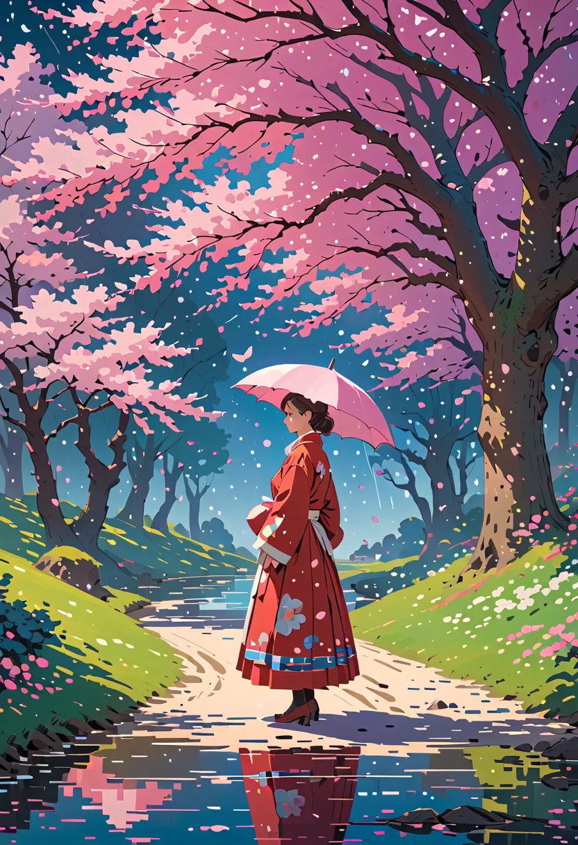 A lakeside 、A forest of cherry blossoms,  a rain of flying petals, Young Girls. Smooth Lines , Emphasize light,  Shadow and Space Perception,  Rich Negative Space ,  starry night , ( in a Primitive Style . David Martiashvili.  Spartak Mukanov . Sven37. Pet...