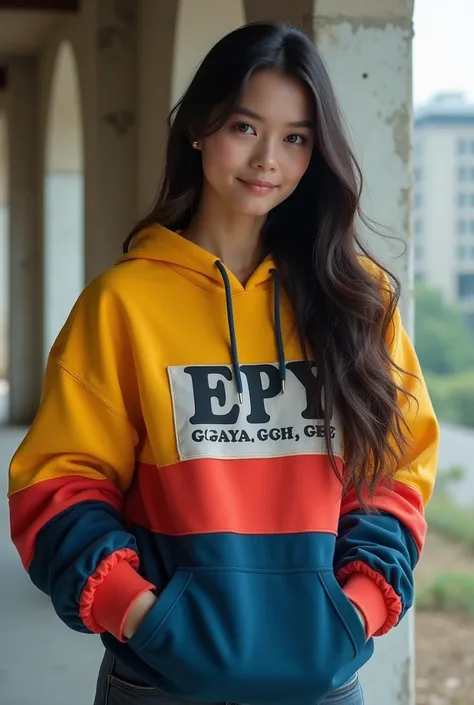 Photo real cewe filipine cantik usia 25 tahun gaya rambut panjang lurus warna hitam serta pakai hoodie warna kuning merah corak biru ada logo kata"EPY-GAYA-GUE"dan pakai celana jeans hitam serta sepatu cat merah sedang berjongkok dengan latar belakang cipr...