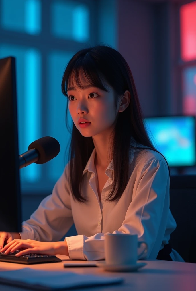 A stunningly arealistic 3D render of a 18-year-old cute Japanese girl speaker confidently seated at a desk in a modern wearing t shirt, dimly lit studio. The lifelike features, including intricate skin textures and natural lighting effects, make the model ...