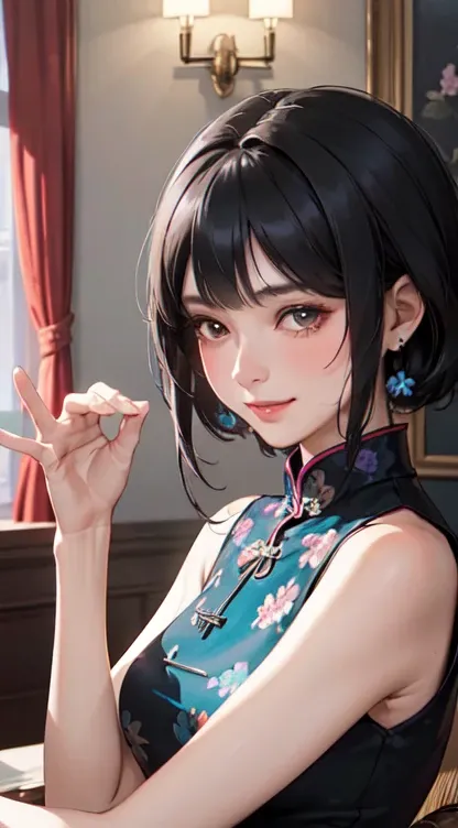 Admission to a luxury hotel (At home), 1 Lady Solo, owl， mature woman  /(Black Medium Hair /) bangs,  Blue Floral Cheongsam , Blushing and a gentle smile , ( Masterpiece Top Quality :1.3)  Delicate Illustrations High Resolution Ultra Detailed Perfect Face ...