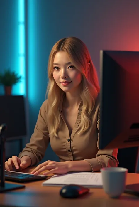 A stunningly arealistic 3D render of a 18-year-old , golden hair,cute smiling Japanese girl speaker confidently seated at a desk in a modern wearing t shirt, dimly lit studio. The lifelike features, including intricate skin textures and natural lighting ef...