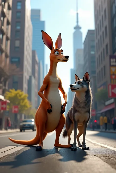 Create  kangaroo standing with wolf  3d animation image in city