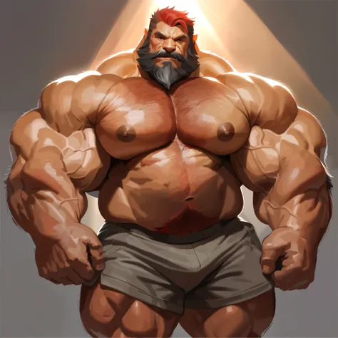 bara old man, red hair, short hair, very large pecs, strong physique, very muscular, perfect anatomy, masterpiece, black beard, strong jaw, giant biceps, shirtless, hairy pectorals, solo, great lighting, semi realistic, semirealistic, shorts