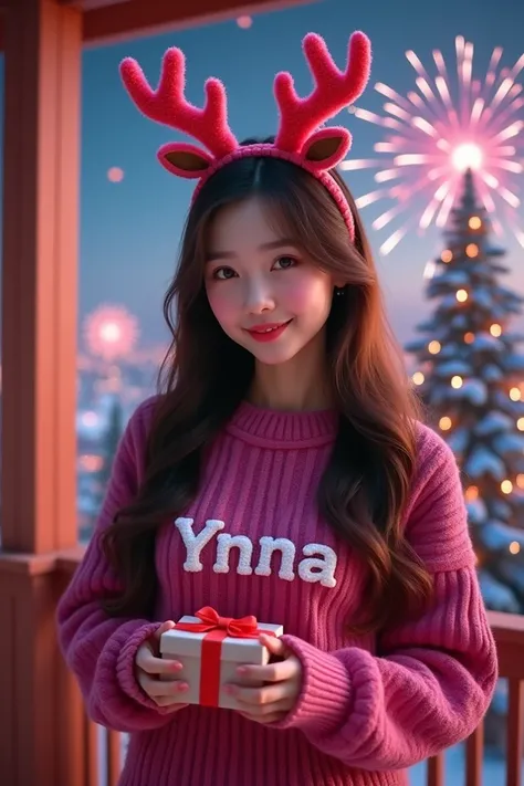 create a realistic 18 yrs old beautiful hot korean woman with long hair with a raindeer headband, with fuchsia pink sweater with name in the sweater Ynna, holding a gift and standing at the veranda eith the view of fireworks and Christmas three 