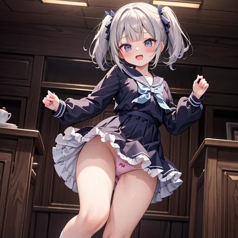 masterpiece, Super detailed, nsfw, 1girl, cute, junior high school, 
long sleeve sailor dress, bobby socks,  
curvy figure, 
(open mouth:0.6), dancing,  joyful, happy, ,   
short twintail hair, 
hip shot, frilled panty, show off panty, 
from below, 