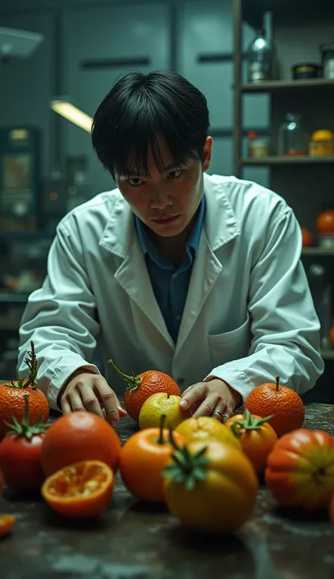 Genetic experiment on fruits, dark thriller environment, Chinese scientist, realistic, hd