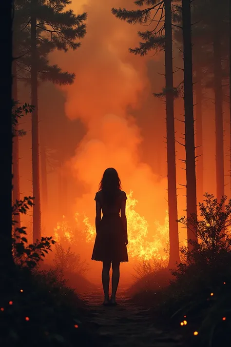  Draw a forest fire but aesthetically , full of fire ,  and then in the middle there is a black silhouette of a woman facing backwards!
