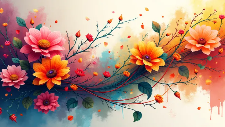 Colorful abstract background featuring flowers intertwined with flowing lines, dynamic brushstrokes creating a sense of motion, bright and cheerful tones, artistic and lively aesthetic.