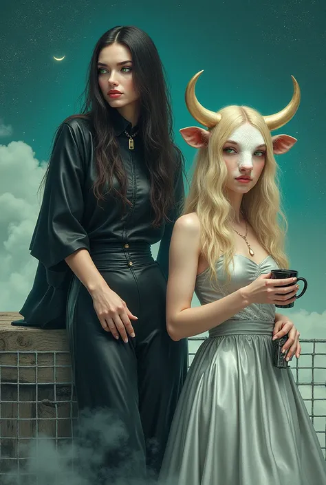  The cover features two women in a mystical and enigmatic setting.  One of them has long dark hair , Do you have mesmerizing green eyes,  with an aura of mystery and modernity . next to her, A womans face of a cows head of a cows skin,  blond hair and a sh...