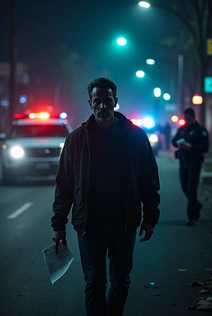  thoughtful adult man walking away from a crime scene at night, police cars and cops examining the scene behind the .  One of the cops is holding a small piece of paper and is reading it 