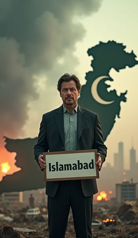 An AI generated Map of Pakistan then add the  image of Pakistan PM Imran Khan, while holding a sign board in one hand with "Islamabad" background should be War  like 