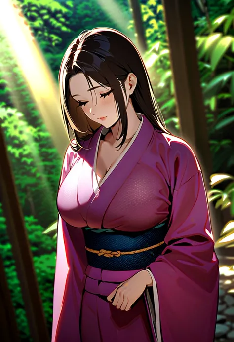 Warm feelings，Hollywood Quality，Cinematic Light，Shadows in the movie，Python wrapped around a beautiful woman，Beautiful woman wearing kimono，The Beauty of Japan，Rainforest Background，Blur the background，masterpiece