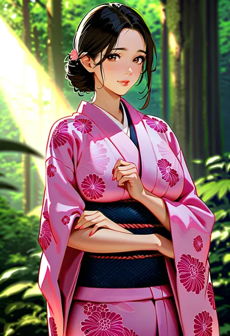 Warm feelings，Hollywood Quality，Cinematic Light，Shadows in the movie，Python wrapped around a beautiful woman，Beautiful woman wearing kimono，The Beauty of Japan，Rainforest Background，Blur the background，masterpiece